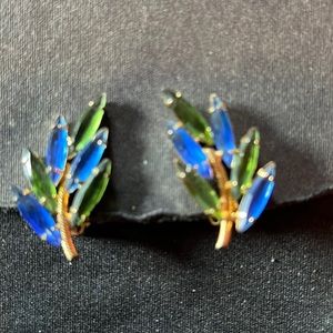 Classic Vintage Clip Leaf Earrings Blue and Green Color